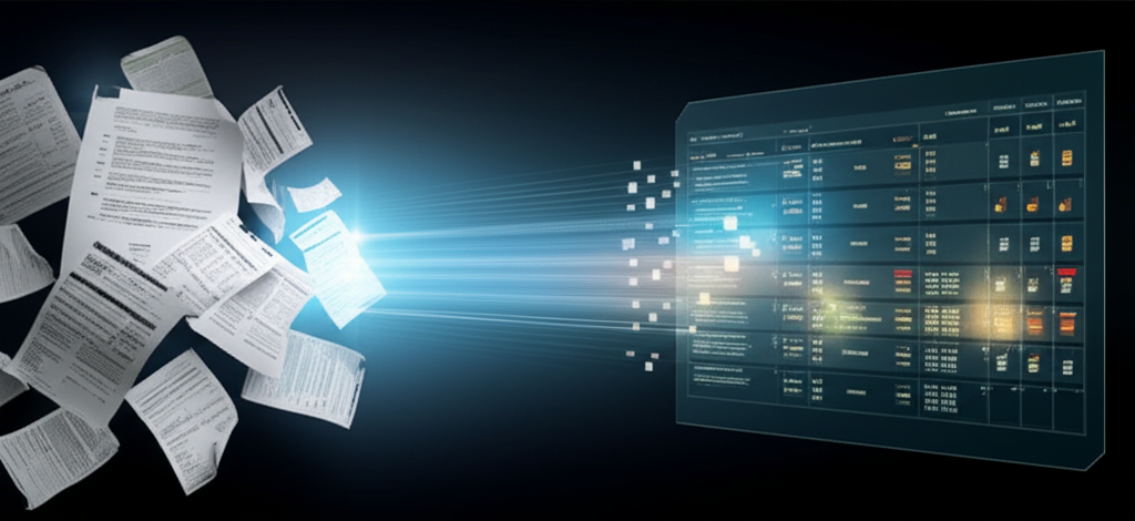 AI가 비정형 문서에서 데이터를 추출하는 모습을 시각화한 이미지