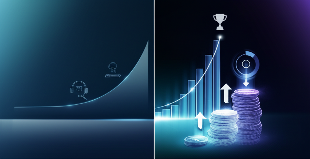 A graph showing a sharp decline in CS costs and a rise in customer satisfaction over time after implementing AI automation