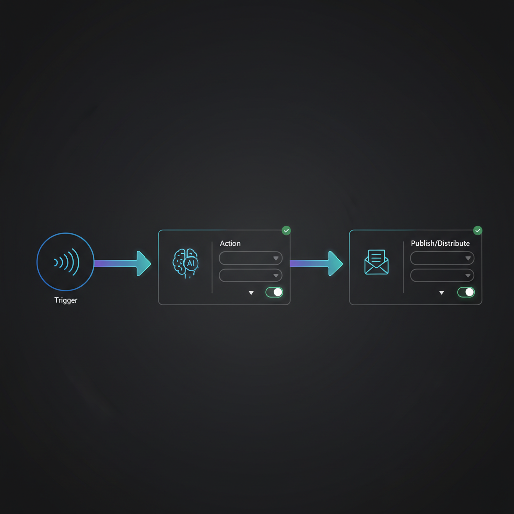 A futuristic digital interface showing various AI automation flows and data analytics