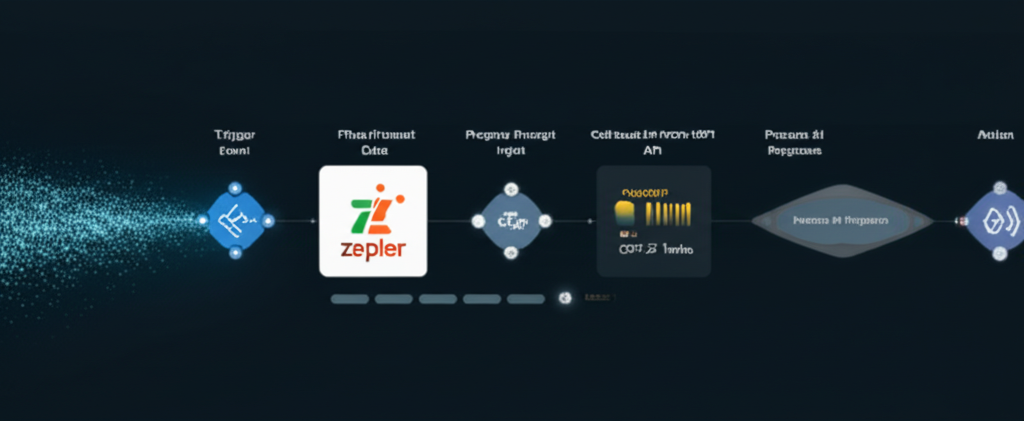 A flowchart diagram illustrating the data flow from a trigger application (e.g., Gmail) through Zapier, processing the prompt with ChatGPT, and then to an action application (e.g., Google Sheets).