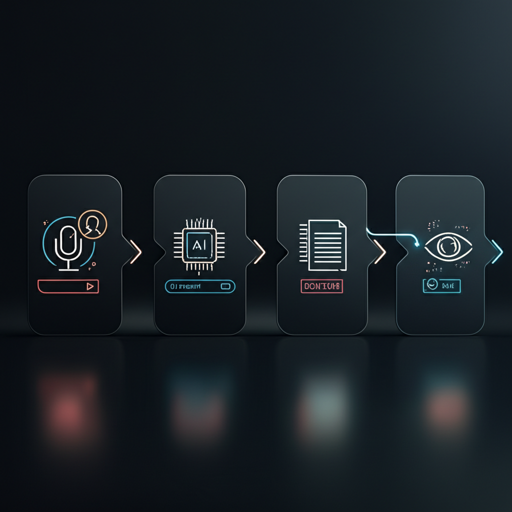A detailed flowchart showing the Zapier and ChatGPT integration steps, starting from a content source, through AI generation, and ending at multiple social media icons.