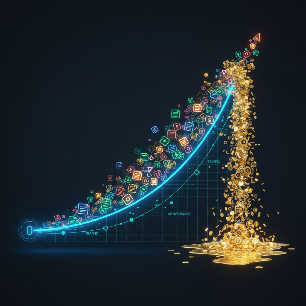 A graph showing increasing productivity and revenue curves, with Zapier and ChatGPT icons