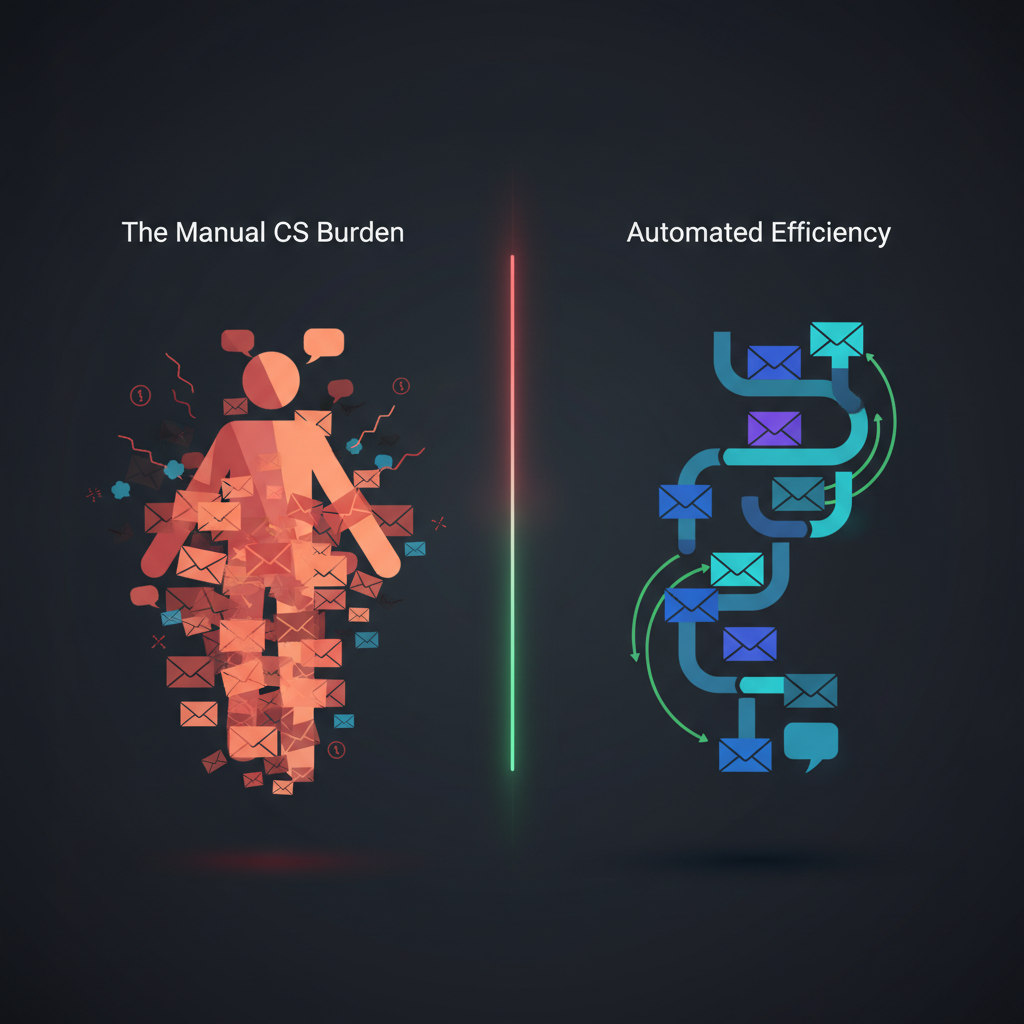 A stressed person surrounded by glowing email and chat icons, representing overwhelming customer inquiries