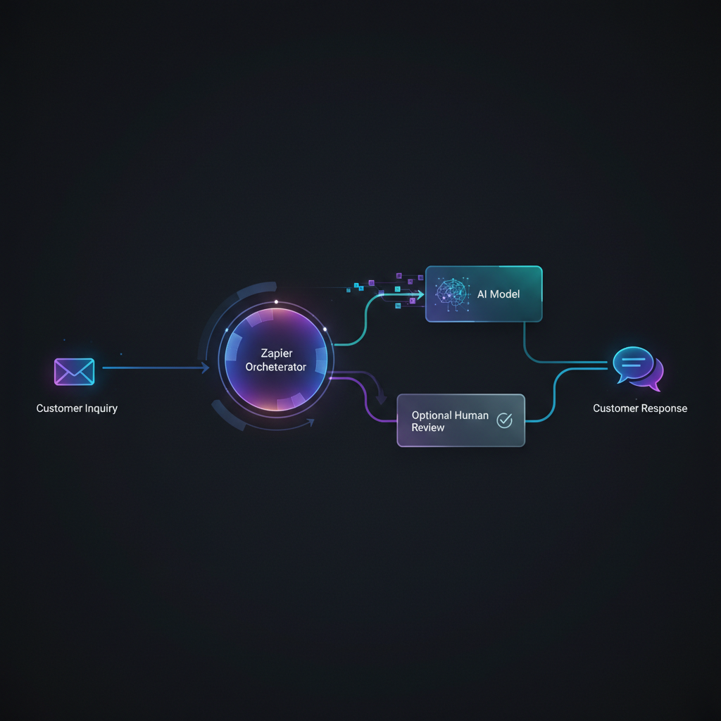 A flowchart diagram showing Zapier connecting to an AI model and a customer service platform, with preparation icons around it