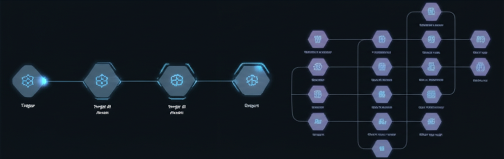 A flowchart illustrating the migration process from Zapier to Make, showing steps like analysis, design, implementation, and testing