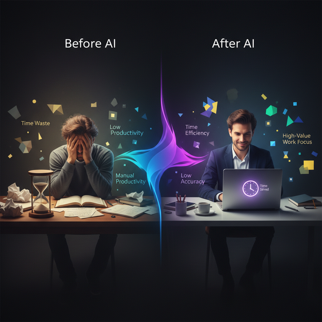 A futuristic office worker smiling confidently while an AI assistant summarizes a Zoom meeting transcript on a holographic screen.