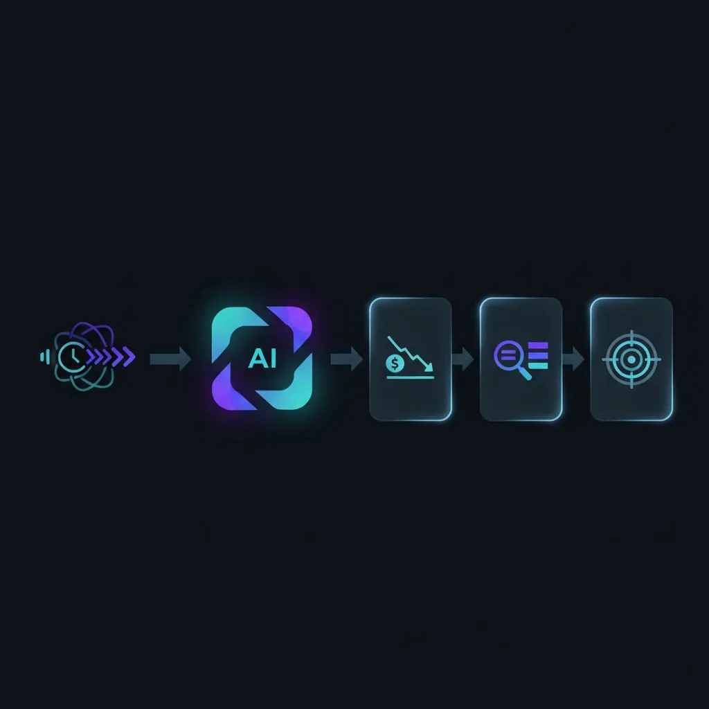 A futuristic office worker smiling as an AI assistant on a screen instantly summarizes a Zoom meeting, showing time saved and increased productivity.